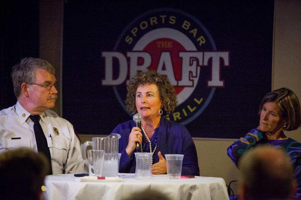 Director of Substance Use Services at Concord Hospital Monica Edgar answers a question from the audience during Science Cafe at The Draft Sports Bar in Concord on Tuesday, Jan. 12, 2016. The panel theme was heroin and addiction.  (ELIZABETH FRANTZ / Monitor staff)