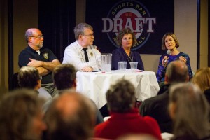 Panelists including New Hampshire Chief Medical Examiner Thomas Andrew, Concord Fire Chief Dan Andrus, Director of Substance Use Services at Concord Hospital Monica Edgar and Concord Hospital addiction specialist Molly Rossignol took questions from the audience during Science Cafe at The Draft Sports Bar in Concord on Tuesday, Jan. 12, 2016. The panel theme was heroin and addiction.  (ELIZABETH FRANTZ / Monitor staff) - ELIZABETH FRANTZ | Concord Monitor