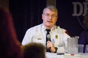 Concord Fire Chief Dan Andrus answers questions from the audience during Science Cafe at The Draft Sports Bar in Concord on Tuesday, Jan. 12, 2016. The panel theme was heroin and addiction.  (ELIZABETH FRANTZ / Monitor staff) - ELIZABETH FRANTZ | Concord Monitor