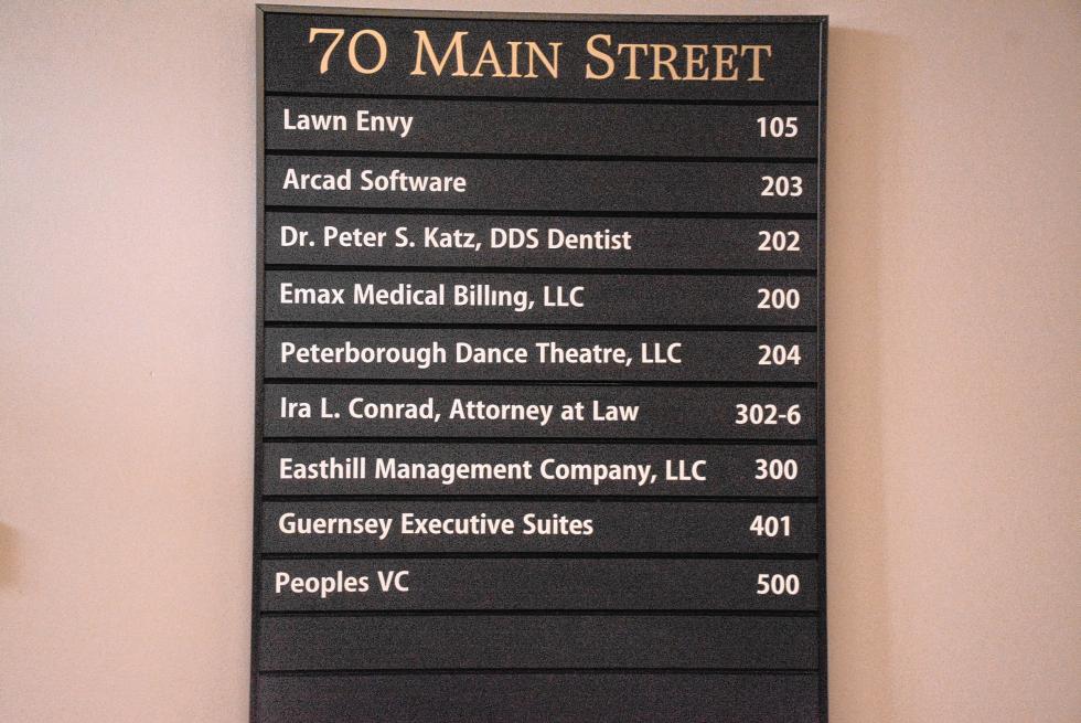 There’s no indication from the lobby listing that 70 Main St. in Peterborough now holds the administrative offices of the world’s richest mathematics prize and other work by Clay Mathematics Institute. (Mondadnock Ledger-Transcript/Benjamin Rosen)