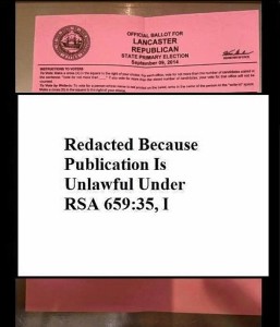 The  2014 lawsuit  filed by the ACLU that led to the state's "ballot selfie" law being struck down included this redacted version of a photo that State Rep. Leon Rideout posted to his own Twitter feed, showing his Sept. 9, 2014,  party primary ballot. Un-redacted versions had run in newspaper stories. -