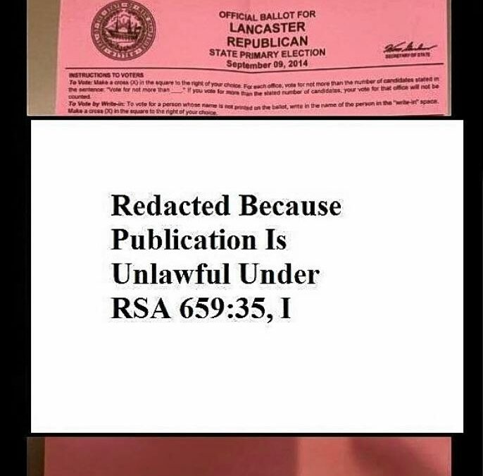 The  2014 lawsuit  filed by the ACLU that led to the state’s “ballot selfie” law being struck down included this redacted version of a photo that State Rep. Leon Rideout posted to his own Twitter feed, showing his Sept. 9, 2014,  party primary ballot. Un-redacted versions had run in newspaper stories.