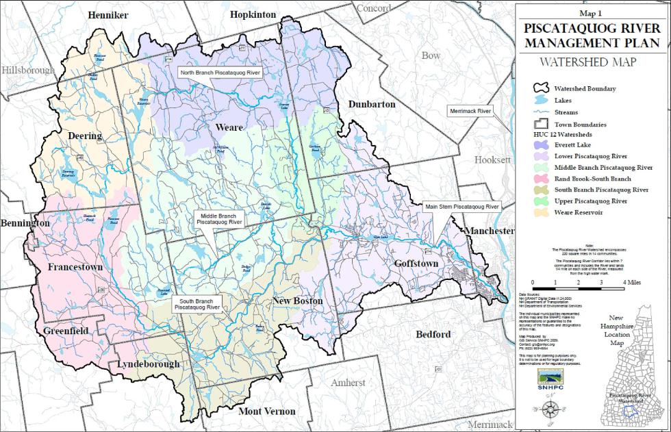 The area that drains into the Piscataquog River covers part or all of 11 towns.