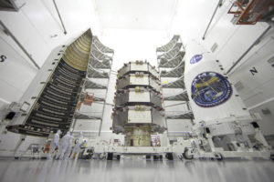MMS observatories in a clean room before launch from Cape Canaveral Air Force Station, Florida. Photo credit: NASA/Ben Smegelsky.
