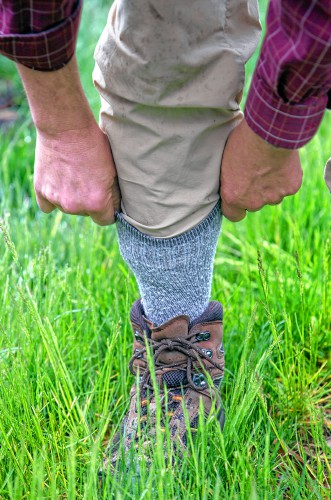 Pulling your socks over your pants can keep ticks from crawling up legs.