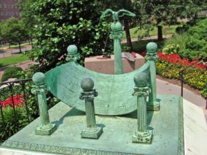 A rare sundial like this one on the grounds of Johns Hopkins Hospital in Baltimore, with a design patented by scientist Albert Cushing Crehore in 1905, is believed to be somewhere in the Portland, Maine, area. Courtesy North American Sundial Society