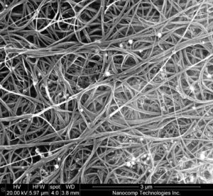This scanning electron microscope picture, about six-millionths of a meter across, shows Miralon, a fabric made of of carbon nanotubes by Merrimack-based Nanocomp Technologies. A human hair is eight times as wide as this picture. Courtesy—Nanocomp Technologies