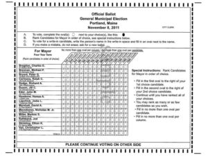 A sample ballot for the Portland, Maine, mayoral election under ranked-choice voting.