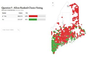 The parts of Maine nearest N.H. really supported ranked-choice voting. Map by Portland Press-Herald