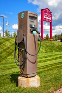 An electric car charging station at Granite State Credit Union in Tilton on Saturday, Sept. 9, 2017. (ELIZABETH FRANTZ / Monitor staff)