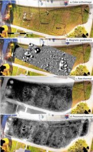 Aerial thermal imagery of the Shaker village site in Enfield recognize traces of long-removed historic buildings and pathways. Courtesy of Dartmouth College