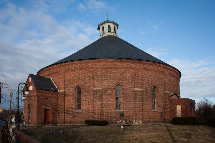 The iconic gasholder building on South Main Street in Concord, Jan. 2018