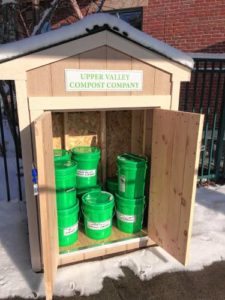Some of the 5-gallon buckets that were used by Upper Valley Compost to collect food scraps, shown in 2018. The company has since closed down.
