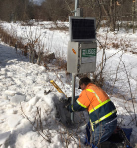 The USGS installed a rapid deployment gauge Feb. 14, 2019, on the South Branch Piscataquog River to monitor water levels and potential flooding from a mile-long ice jam extending into the towns of New Boston and Goffstown, New Hampshire. (Credit: USGS. Public domain.)