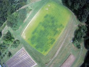 An aerial photo shows a checkerboard pattern of the cover crop project at the experiment station’s Woodman Horticultural Research Farm. Areas that had previously been planted with forage radish or some of the legume were much darker green than areas where other cover crops had been planted. Credit: Rich Smith/UNH