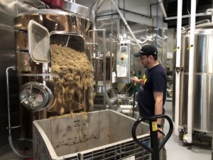 Bad Lab Beer Co. of Somersworth provided wet brewers grains for the study. Here Matt Palmer, assistant brewer, works with a batch of wet brewers grains. Credit: Bad Lab Beer Co.