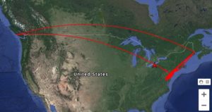 Flight path of American woodock birds over three years (MOTUS.org)American