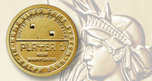 The Ralph Baer New Hampshire coin issued by the U.S. Mint. It is a memorial coin, not spendable currency.
