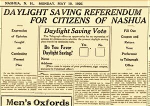 1920 Nashua NH newspaper about Daylight Savings
