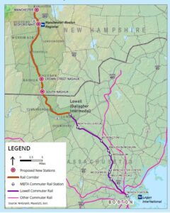 Route of proposed passenger rail extension into NH from Lowell, Mass.