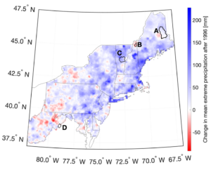 Map showing the average change in annual extreme precipitation 1996-2011 compared to the 1979-1996 average. Watersheds analyzed are outlined in black: (A) Mattawamkeag River in Maine, (B) Dead Diamond River in New Hampshire, (C) White River in Vermont, and (D) Shenandoah River in West Virginia. Figure by C.Cockburn et al.
