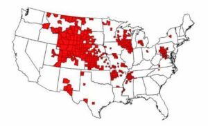Map of counties where CWD has been found