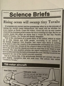 Newspaper clipping from April 1989 talking about climate change raising the ocean
