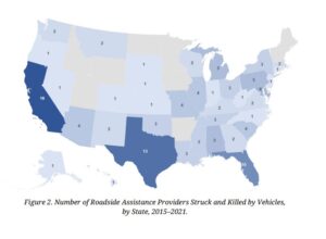 Map of roadside assistance deaths by state, from AAA.