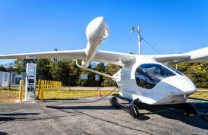 A Beta electric aircraft at a charging station (not in Manchester, though) Photo: Beta Technologies