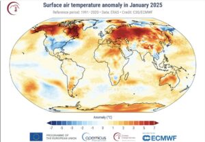 "Surface air temperature anomaly for January 2025 relative to the January average for the period 1991-2020. Data source: ERA5. Credit: C3S/ECMWF."